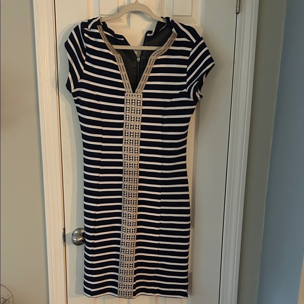 Hatley Navy and White Striped Short-Sleeve Dress with Cream Center Panel